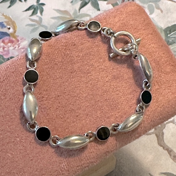 Vintage Mexico 925 Black Onyx Toggle Clasp Bracelet Sterling Silver Signed 7 1/4 - Picture 12 of 13